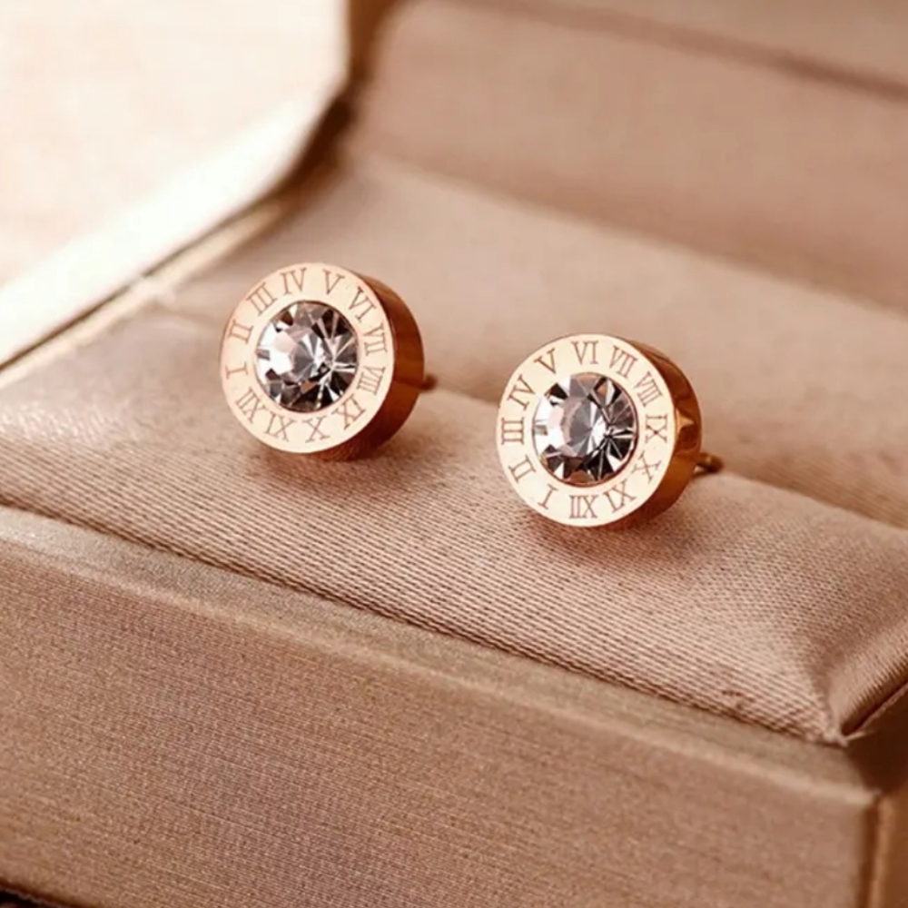 925 Silver Plated Stainless Steel Round Cut Zircon Roman Numerals Stud Earrings. - Picture 1 of 5
